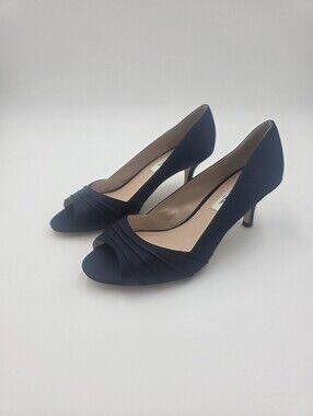 Nina Navy Blue Satin Peep Toe Heels Mid Heel Dress Shoes Size 9W.